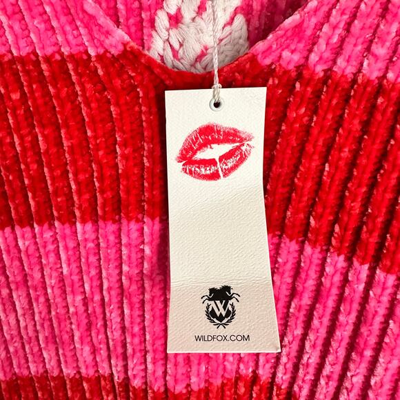 NWT Wildfox Heavy Chenille Red Pink Striped Oversized V-neck Knit Sweater Size S - Picture 15 of 16